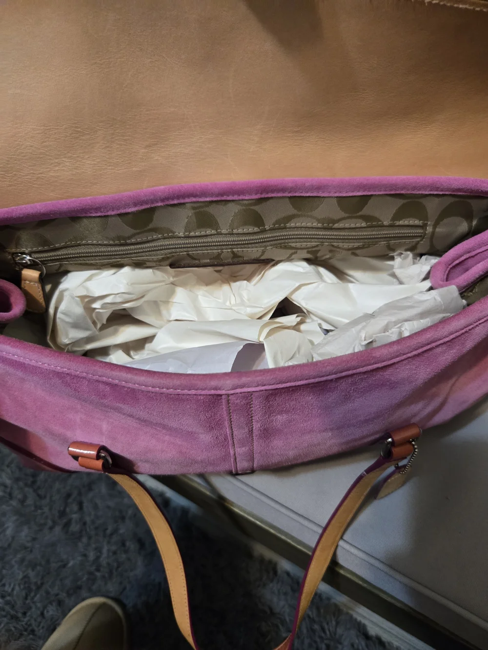 Coach Pink Suede Shoulder Bag with Tan Leather Trim - Picture 9 of 10